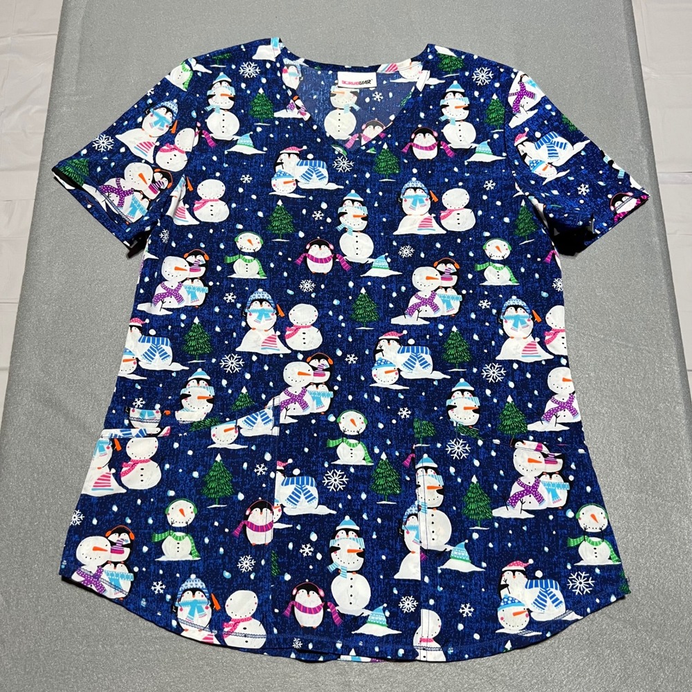ScrubStar Blue Snowman Penguin Holiday V-Neck Scrub Top Short Sleeve Pockets